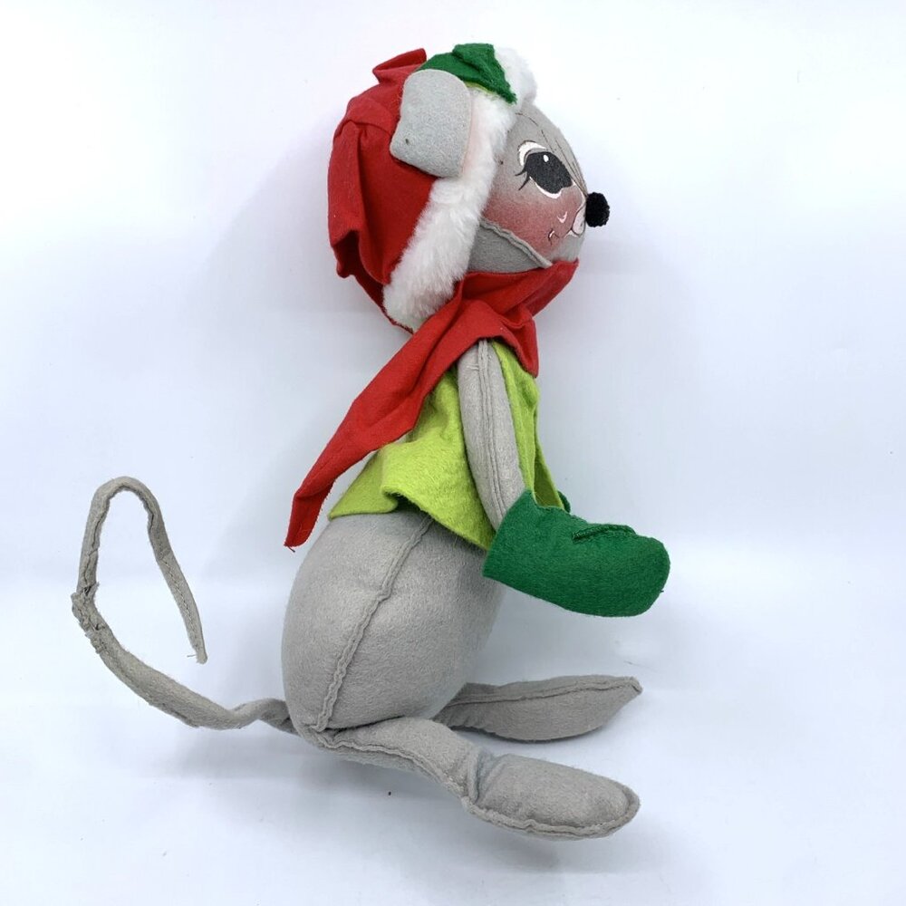 Vintage Annalee Mobilitee Christmas Mouse Doll 14” Poseable Felt USA Green Vest - Picture 5 of 11